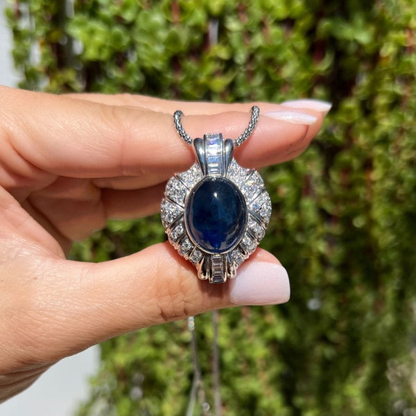 BLUE SAPPHIRE PENDANT DIAMOND HALO WITH SOLITAIRE NECKLACE AND EARRINGS -  Mon Tresor